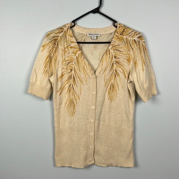 Pendleton cotton wheat patterned knit short sleeved button-down cardigan - Picture 1 of 10